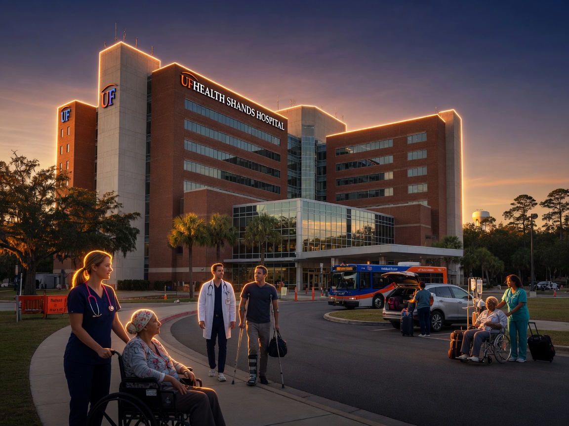 UF Health Shands Hospital exterior in Gainesville with medical professionals and patients, representing consistent medical travel demand for local vacation rentals