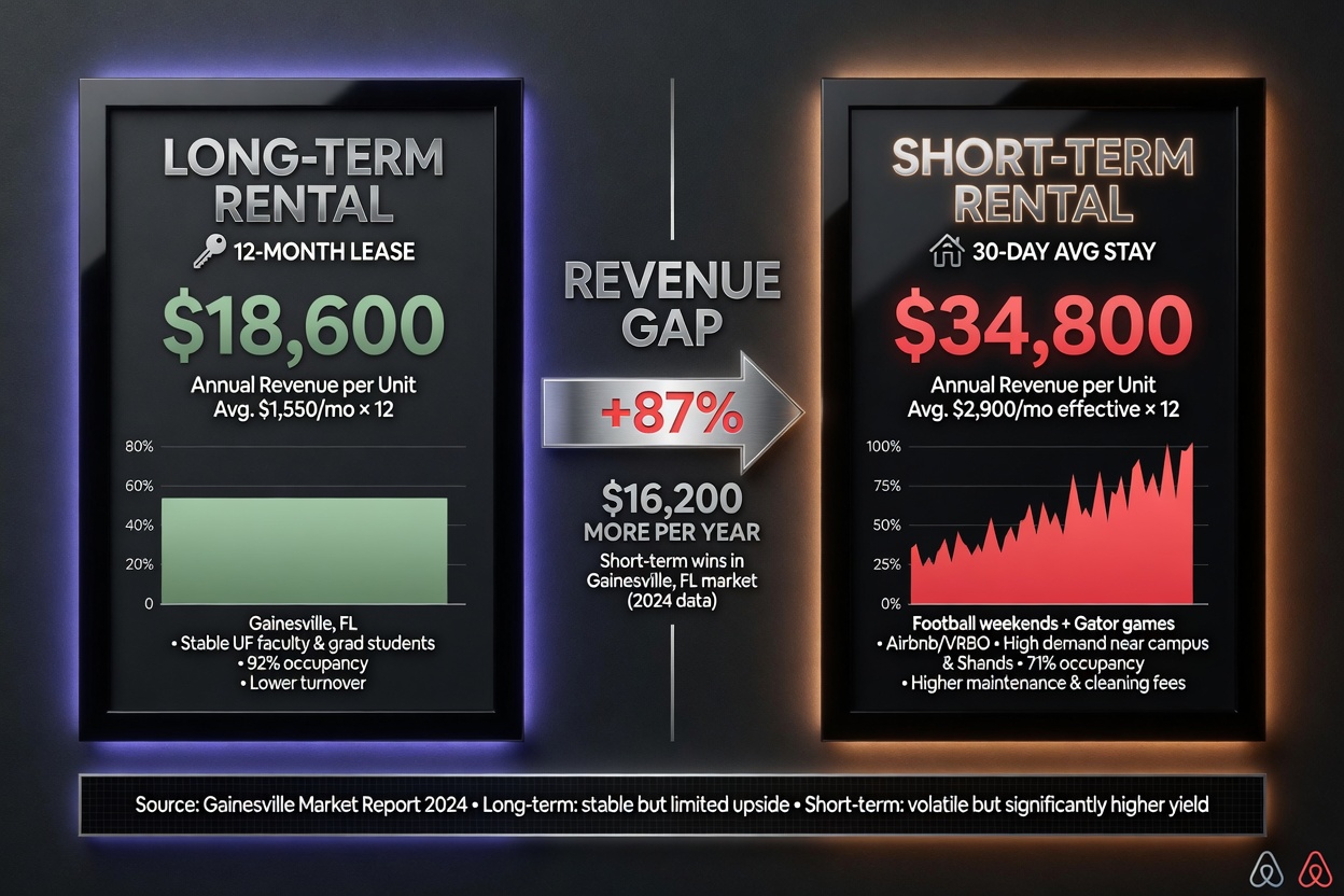 Comparison infographic style image showing revenue difference between long-term rental vs short-term rental in Gainesville FL, clean professional design
