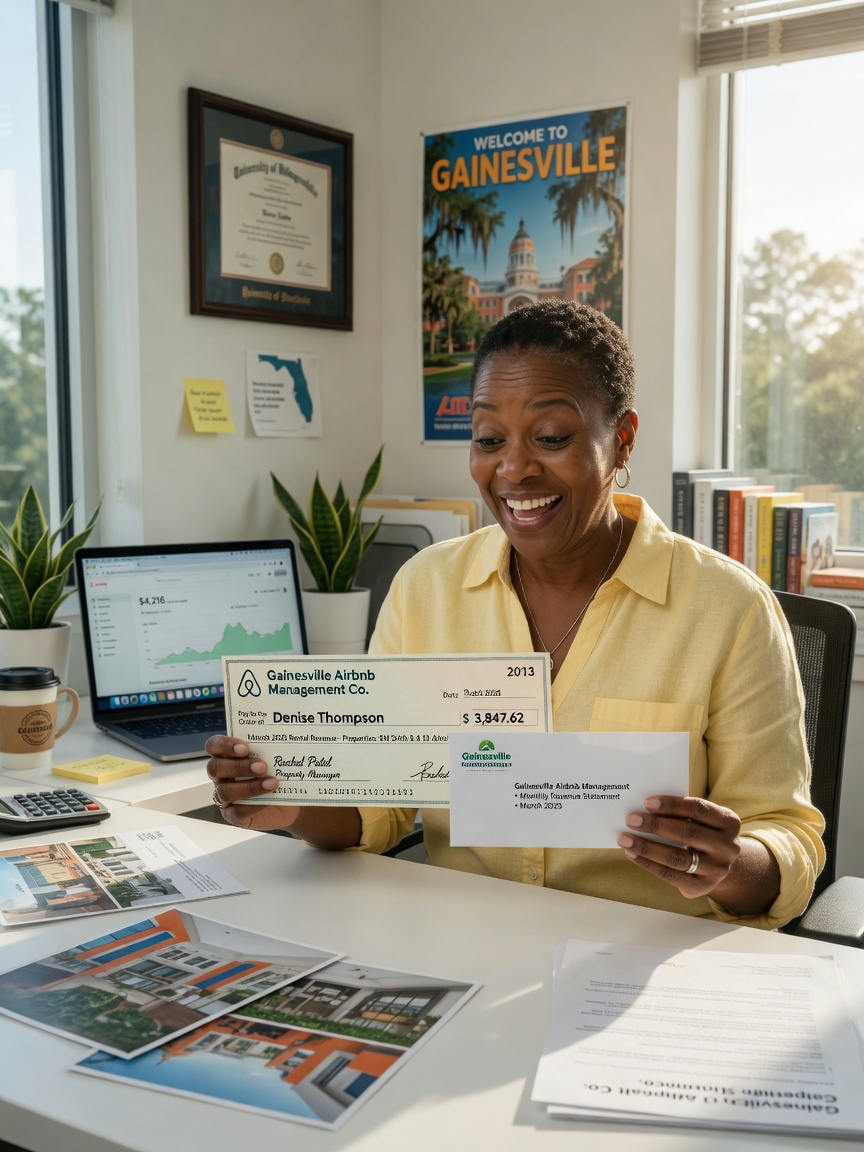 Happy property owner receiving monthly revenue check from professional Airbnb management company in Gainesville Florida, satisfied expression, bright office setting, realistic