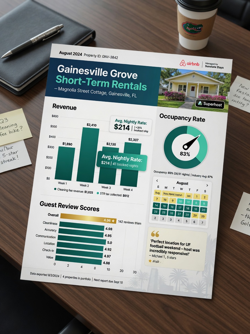 Ultra-realistic 8K photo of a detailed monthly performance report for a Gainesville short-term rental showing revenue, occupancy rate, and guest review scores, professional business setting