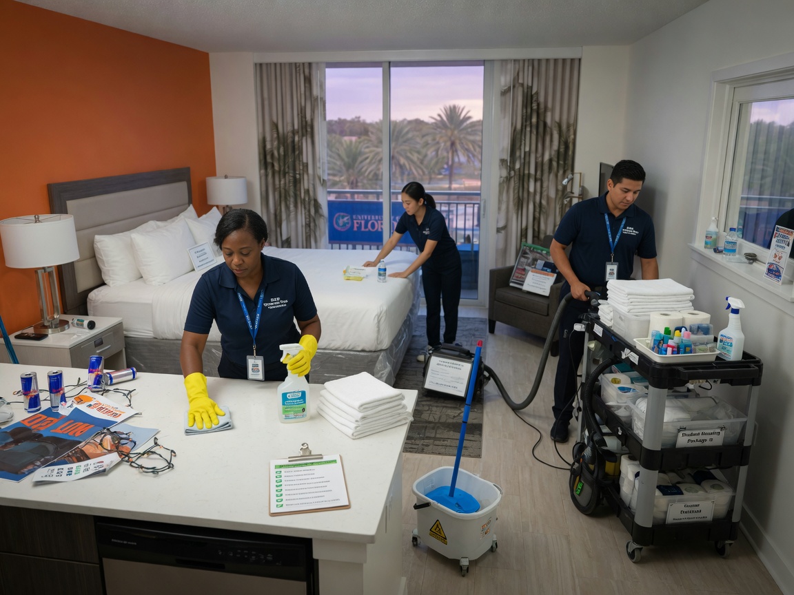 Ultra-realistic 8K cinematic shot of professional cleaning crew performing hotel-level turnover service in a luxury student rental property in Gainesville Florida