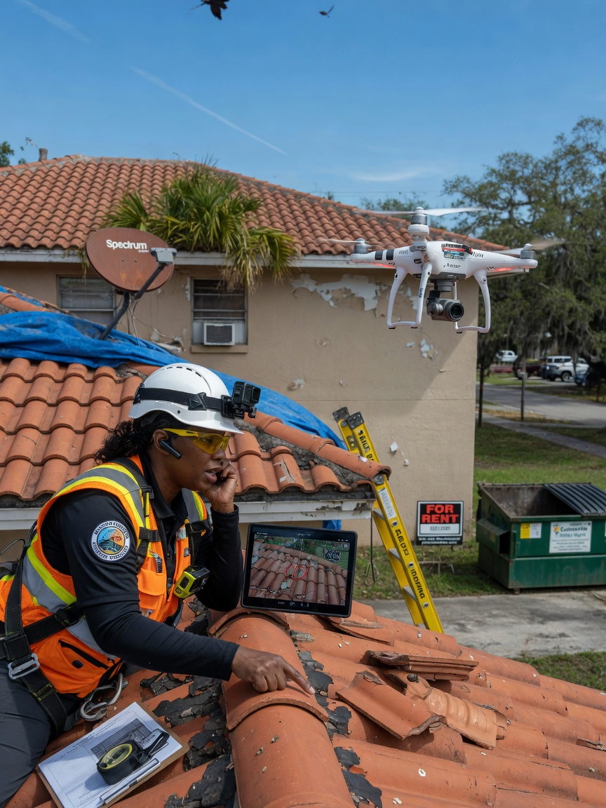 Ultra-realistic 8K image of a roofing inspector examining roof tiles on a Gainesville rental property using drone technology, clear blue sky, safety equipment visible
