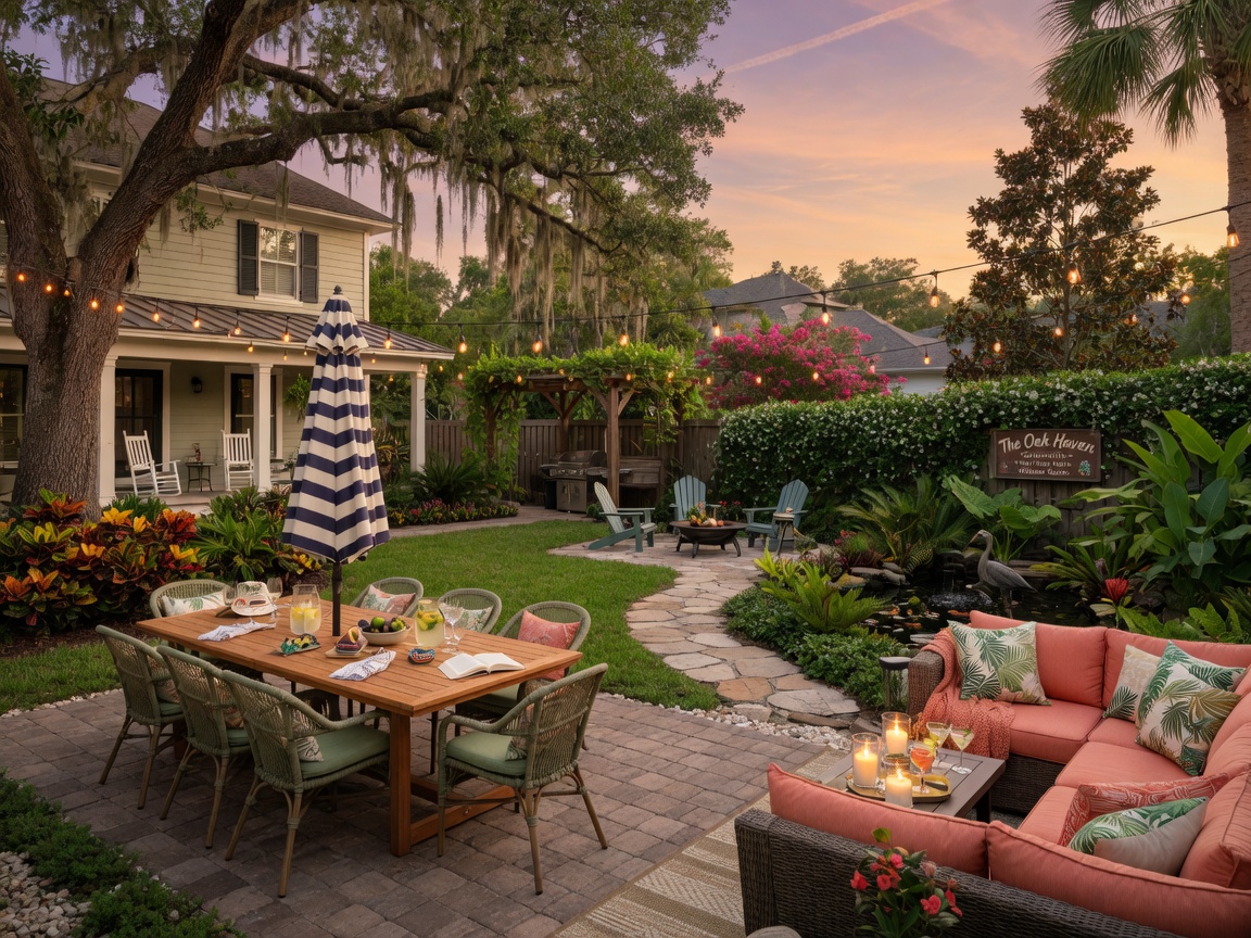 Beautifully landscaped backyard of Gainesville short-term rental with outdoor seating area perfect for guests, golden hour lighting, ultra-realistic