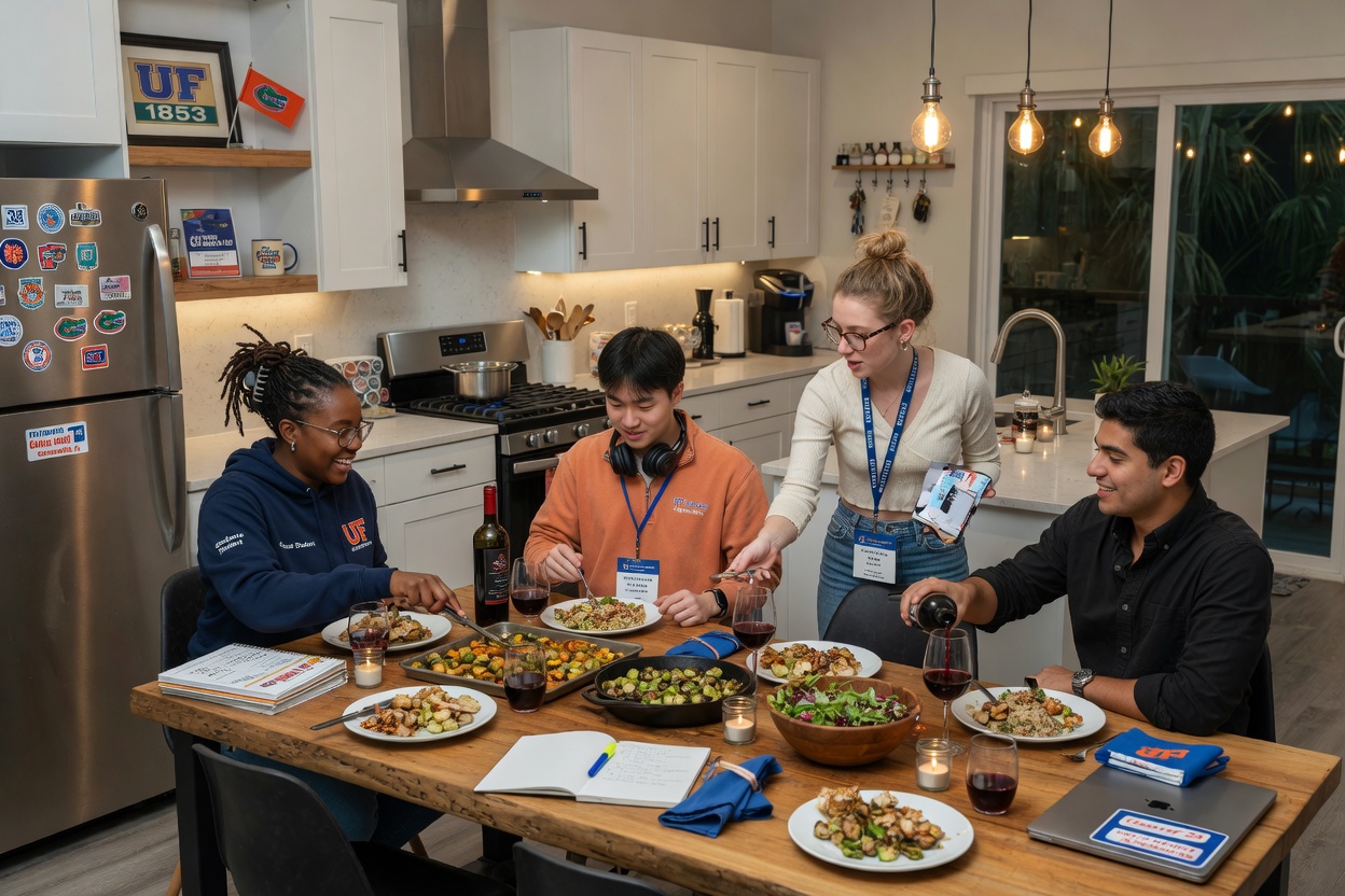 8K ultra-realistic photograph of young professionals and UF graduate students enjoying a quiet dinner in a fully equipped modern kitchen inside a Gainesville Airbnb property