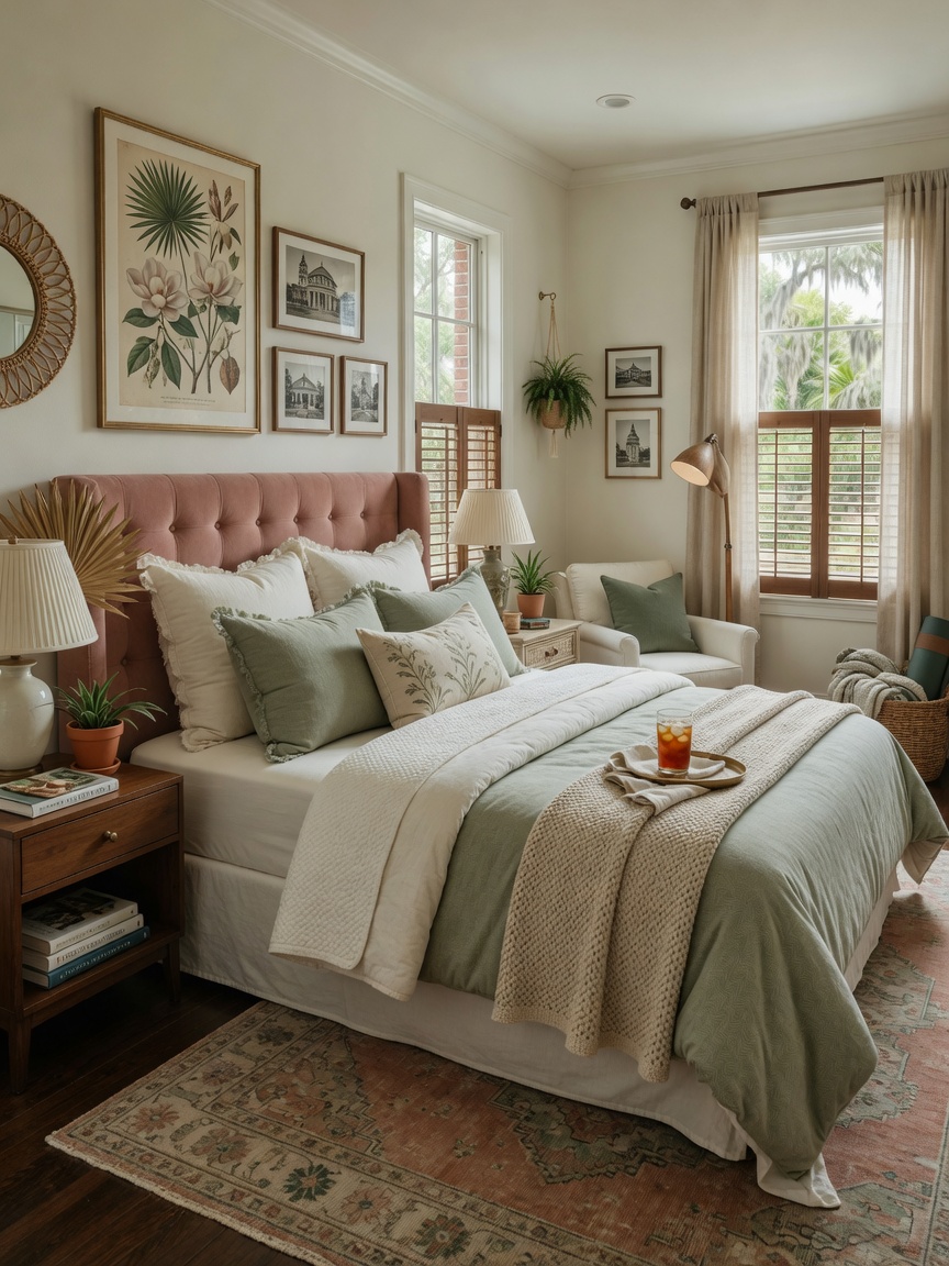 Beautiful professionally photographed Airbnb bedroom in Gainesville vacation rental, plush bedding, tasteful decor, soft natural lighting, ultra-realistic 8K detail