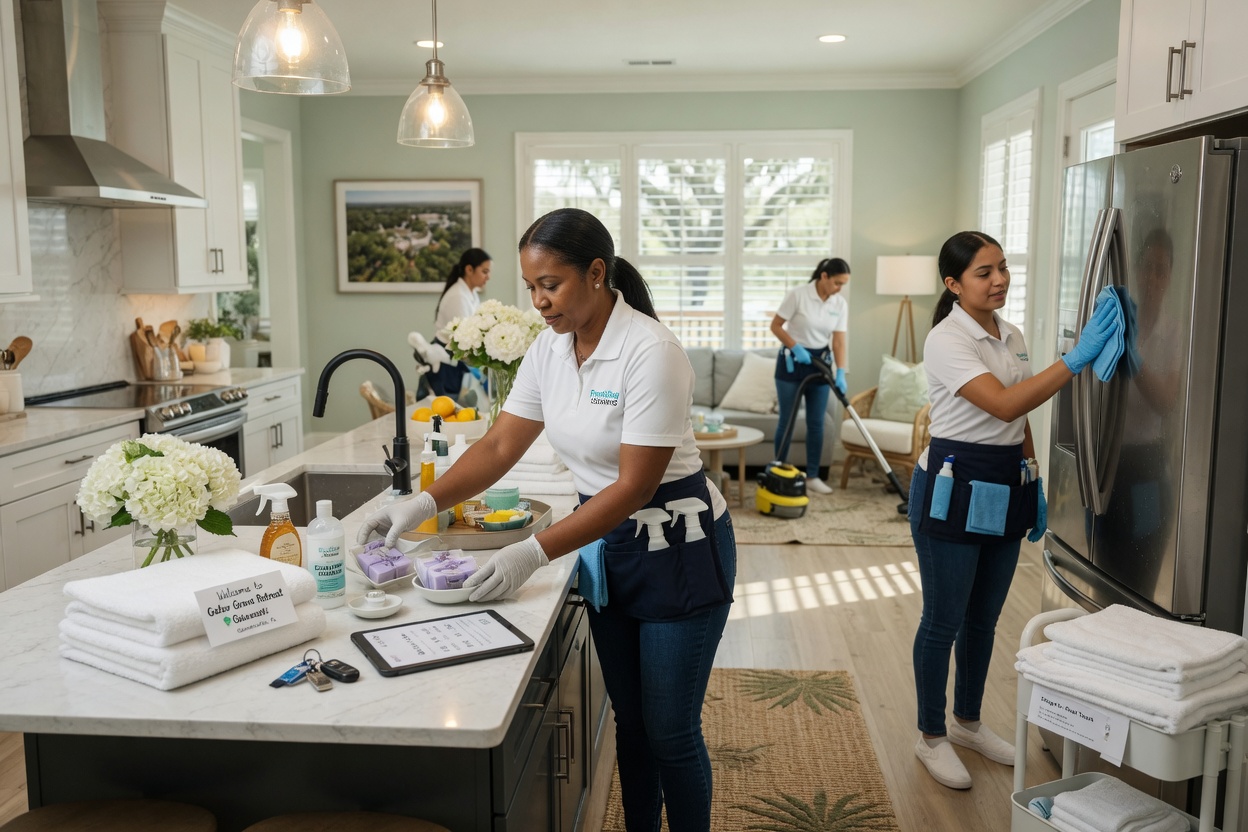Professional house cleaning team preparing luxury short term rental property in Gainesville Florida, bright and clean 8K photography