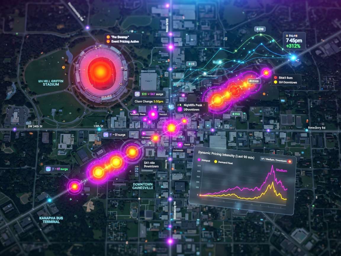 Overhead view of Gainesville Florida map with glowing hotspots showing dynamic pricing intensity around university, stadium, and downtown areas, data points and trend lines, futuristic tech style, ultra-detailed 8K