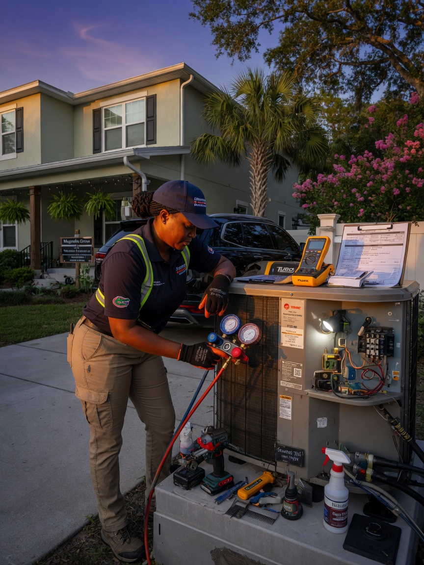 Ultra-realistic 8K image of maintenance technician repairing air conditioning unit at luxury short term rental property in Gainesville FL, professional uniform, detailed tools