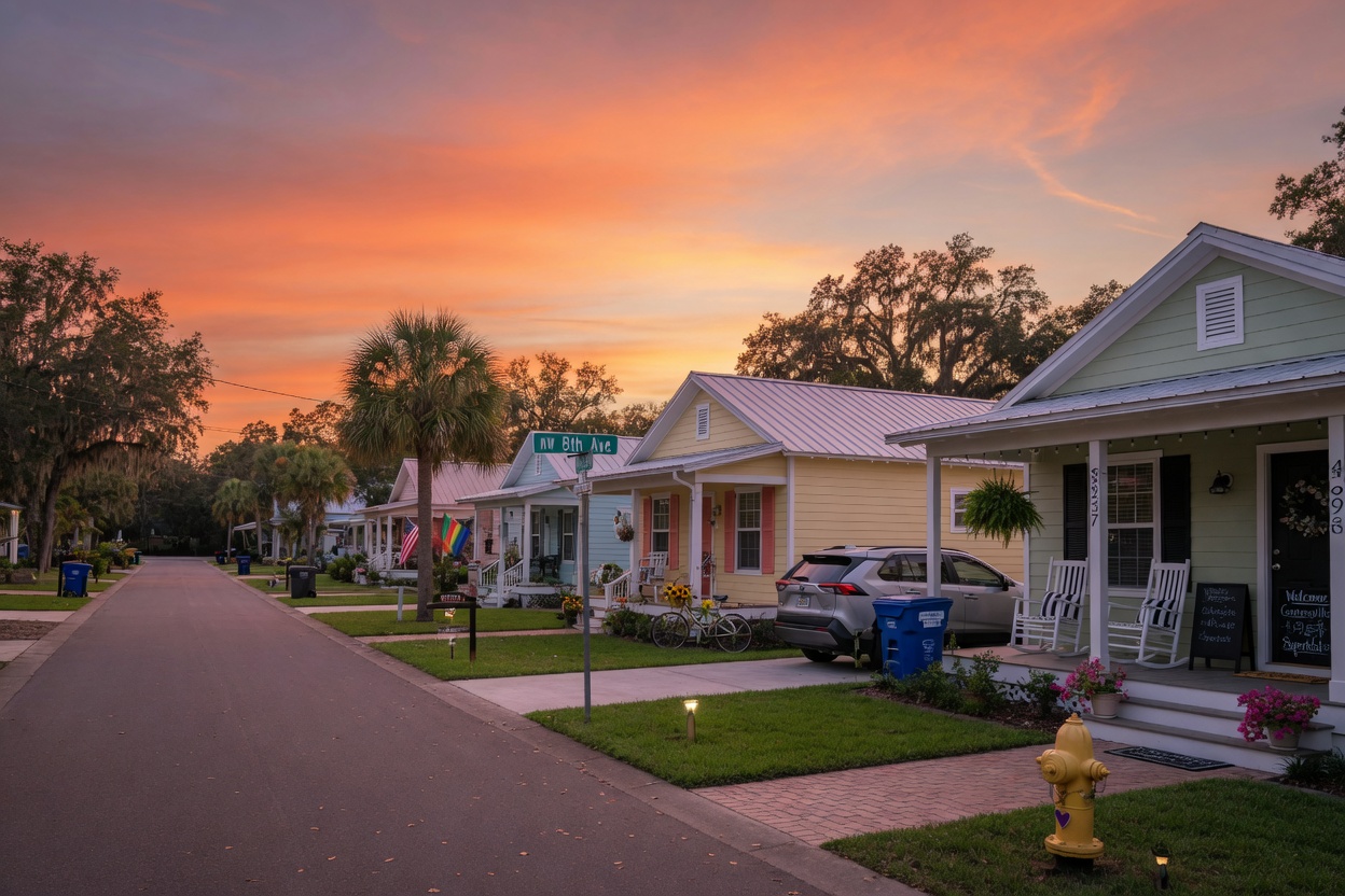 Ultra-realistic 8K image of beautiful Gainesville, Florida sunset over a quiet residential street with well-maintained short-term rental homes, peaceful neighborhood atmosphere