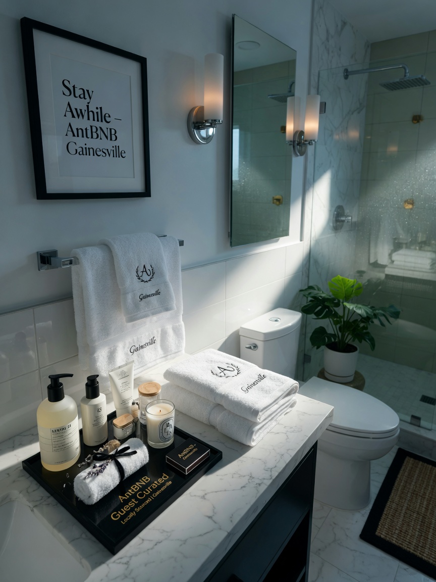 Ultra-realistic 8K image of modern bathroom with pristine white towels and luxury toiletries in AntBNB managed short term rental in Gainesville