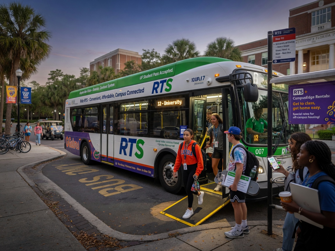 Ultra-realistic 8K image of Regional Transit System bus stopped near University of Florida campus with students boarding, highlighting transportation convenience for rentals