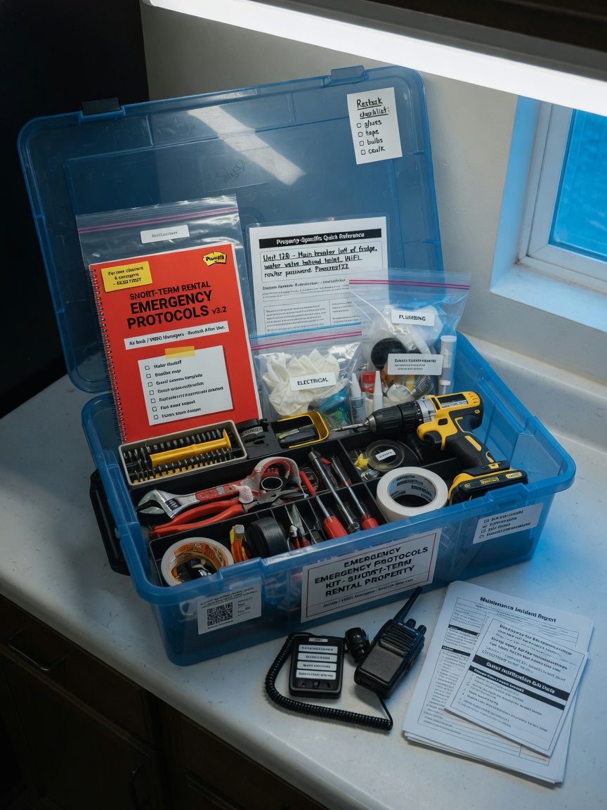 Ultra-realistic 8K photograph of an emergency maintenance kit organized in a plastic bin with tools, supplies, and instruction manuals for short-term rental managers