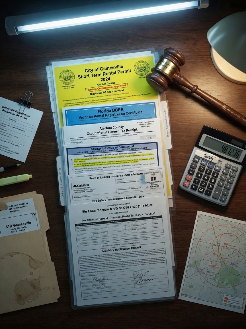 Stack of legal documents and permits required for short-term rentals in Gainesville Florida, organized on desk with gavel and calculator