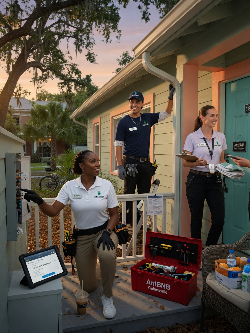 AntBNB team members providing on-site support at a Gainesville short-term rental property, friendly local experts assisting with maintenance, professional setting