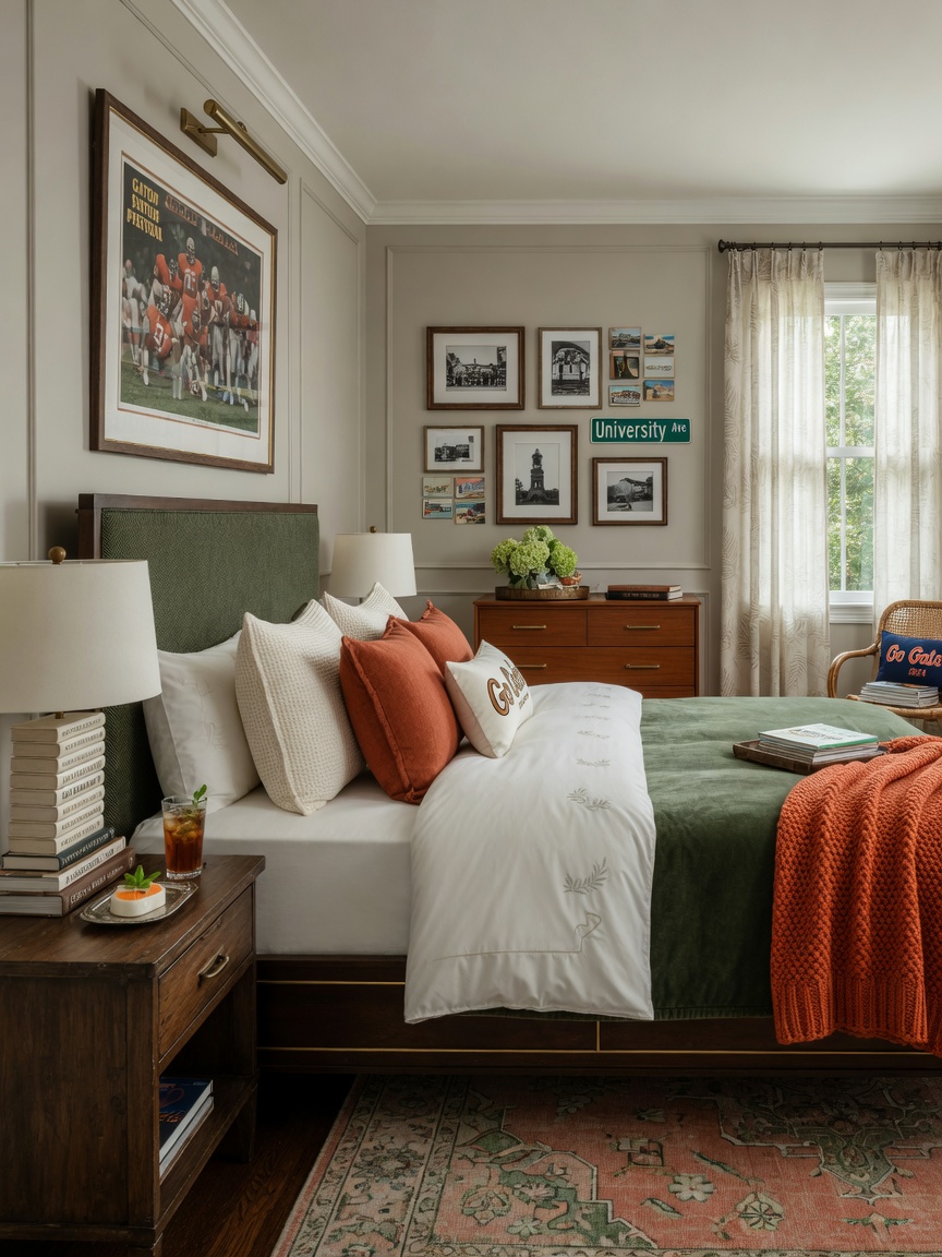 Beautifully designed bedroom in upscale Gainesville short term rental with comfortable king bed, high thread count linens and university town aesthetic