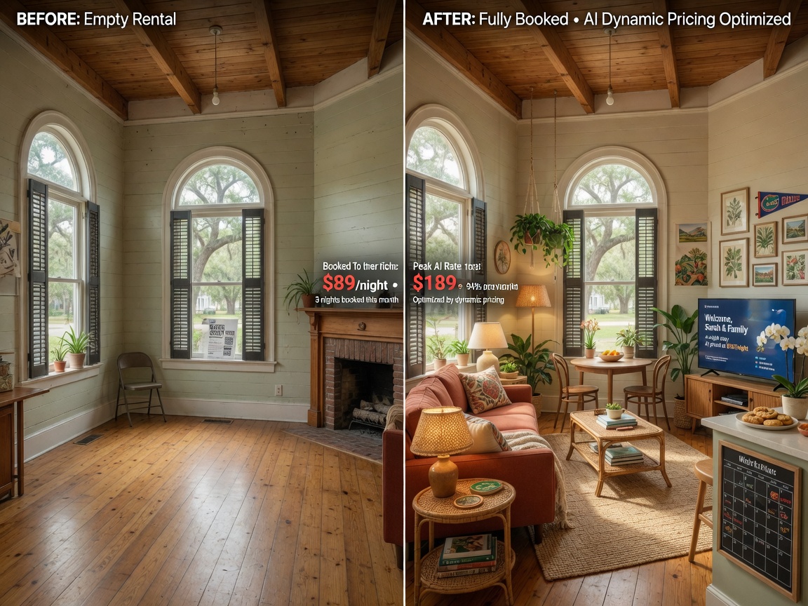 Before and after split image showing empty rental property versus fully booked optimized property using AI pricing, Gainesville architectural style, bright natural lighting, realistic photography 8K