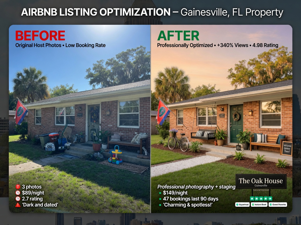 Split-screen comparison showing before and after of professionally optimized Airbnb listing for Gainesville property, dramatic improvement, side by side layout