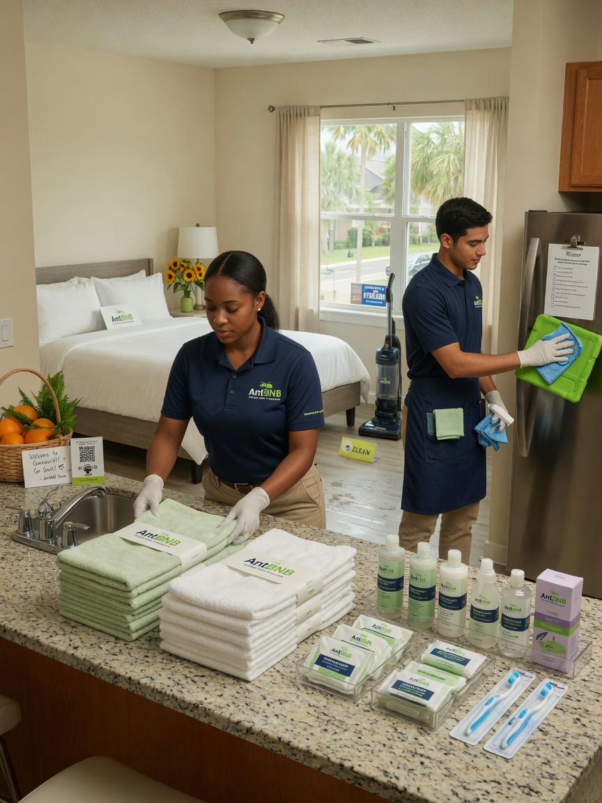 Ultra-realistic 8K photograph of AntBNB branded cleaning team professionally preparing a property for next guests in Gainesville, attention to detail, fresh towels and toiletries visible