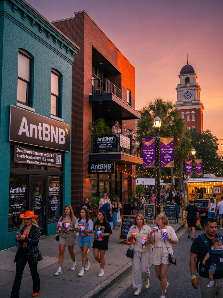 Cinematic 8K photo of busy Gainesville downtown festival with people walking past AntBNB promoted short term rental properties