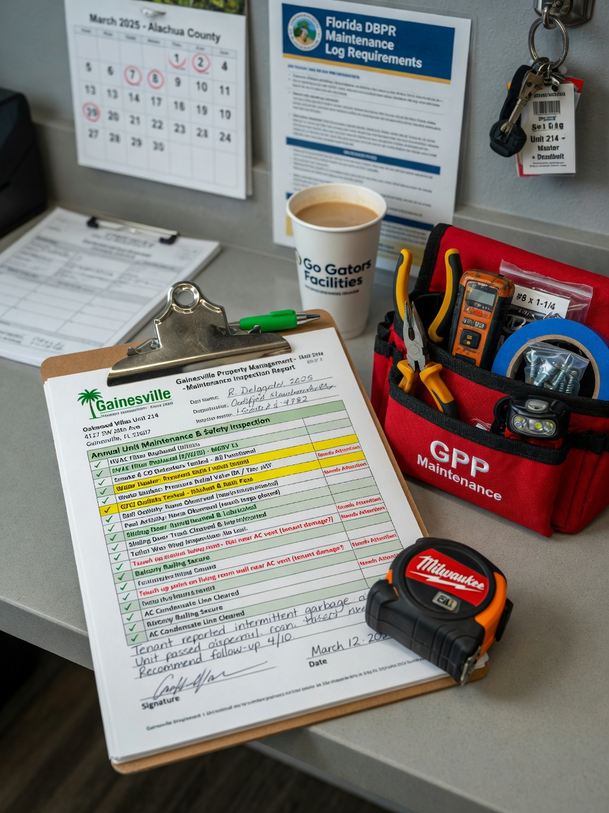 Ultra-realistic 8K photograph of detailed maintenance checklist and inspection report on clipboard next to tools in a well-organized Gainesville property management setting