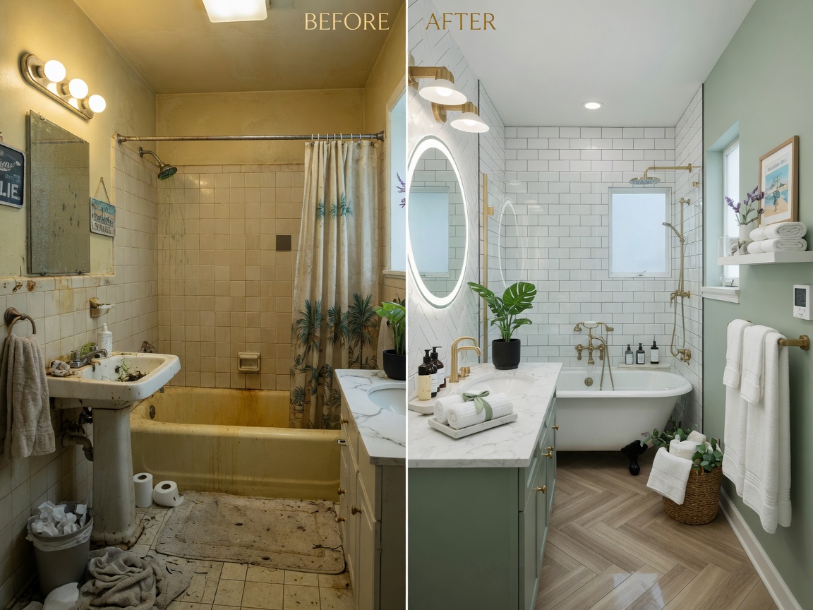 Ultra-realistic 8K image showing before and after split view of a neglected versus perfectly maintained bathroom in a vacation rental property, dramatic transformation