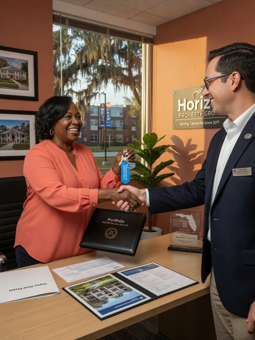 Happy property owner receiving keys and portfolio from professional property manager in modern Gainesville office, handshake moment, warm tones