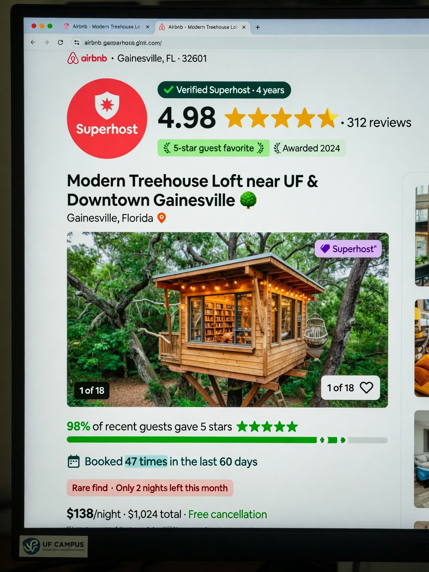 Hyper-realistic 8K image of a Superhost badge and five-star review ratings displayed on an Airbnb listing for a Gainesville property, professional photography, high booking rate indicators