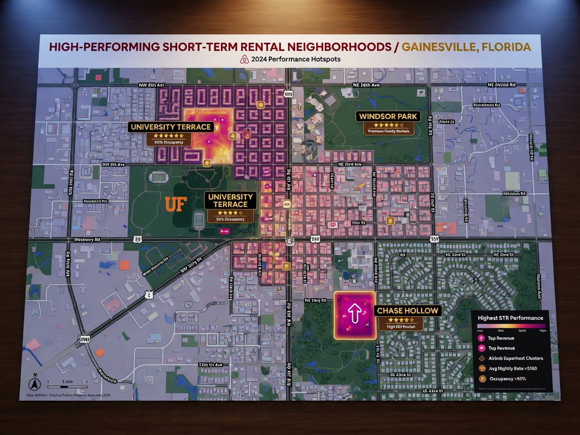 Map of Gainesville Florida highlighting high performing short term rental neighborhoods including University Terrace, Windsor Park and Chase Hollow, 8K detail