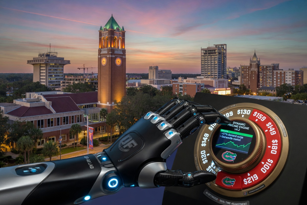 Artificial intelligence robot hand adjusting pricing dial with University of Florida and Gainesville skyline in background, concept of smart pricing technology, cinematic composition, ultra-realistic 8K