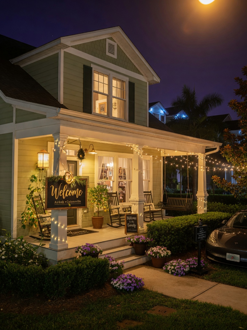 Nighttime exterior of warmly lit upscale Airbnb home in Northwest Gainesville with 'Welcome' sign, inviting atmosphere, realistic night photography, 8K resolution