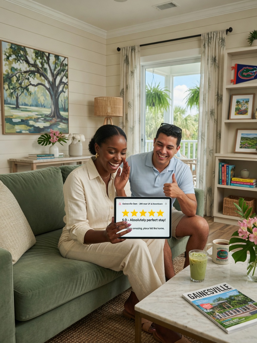 Ultra-realistic 8K image showing happy guests giving five-star review on tablet device while sitting in comfortable Gainesville short-term rental living room, positive experience concept