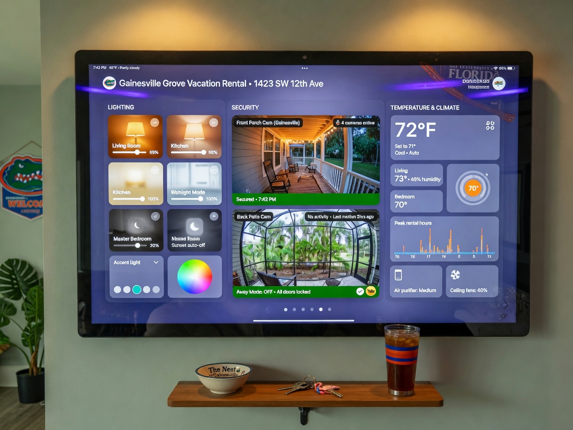 8K professional image of smart home technology dashboard controlling lighting security and temperature in a Gainesville vacation rental