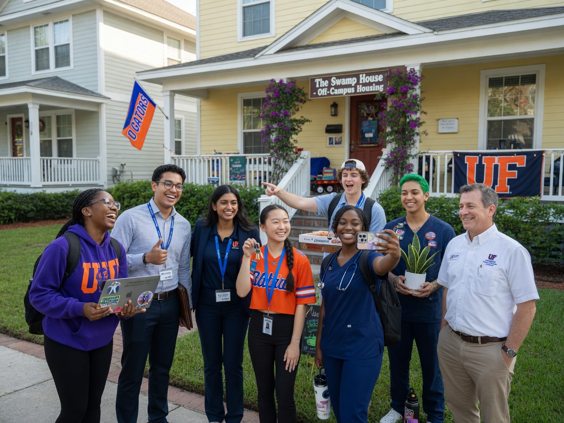 Ultra-realistic 8K image showing diverse group of happy tenants including students, young professionals and faculty outside a beautifully maintained UF area rental house