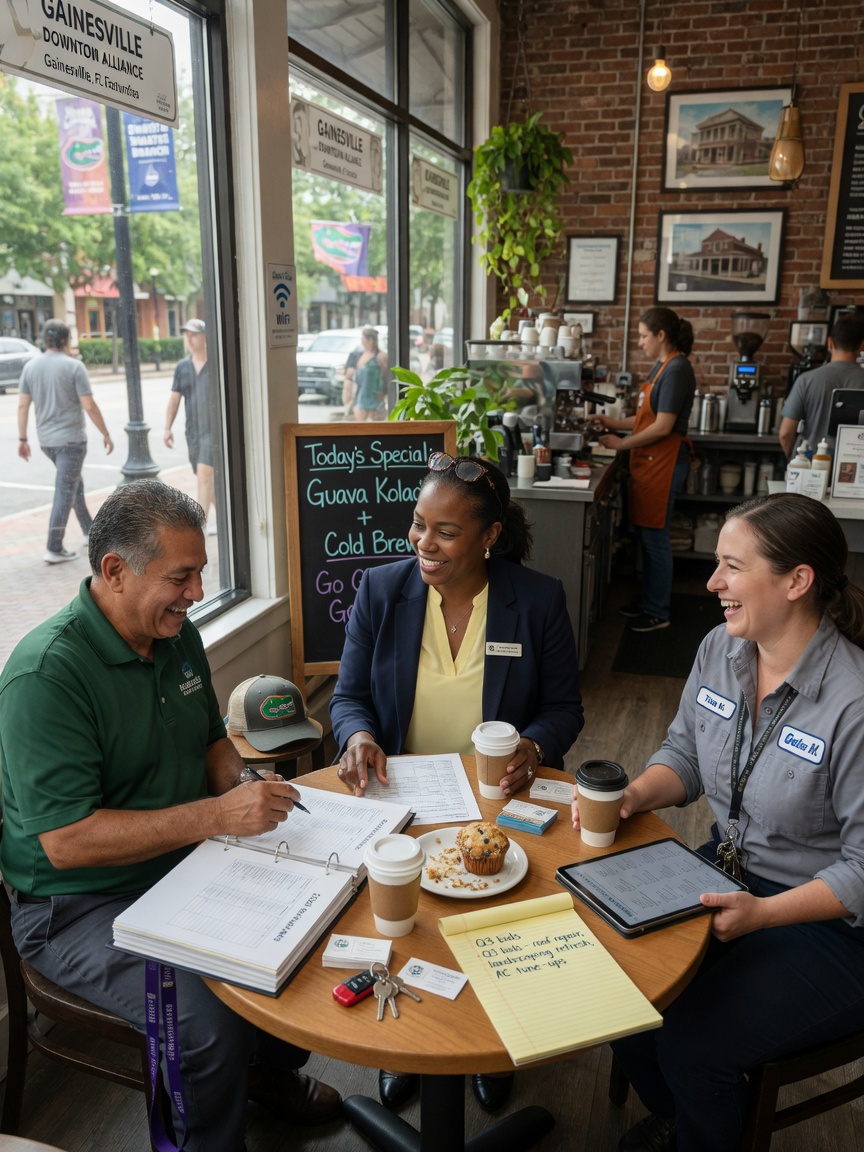 Ultra-realistic 8K photo of a property manager meeting with local vendors at a coffee shop in downtown Gainesville, friendly professional discussion, natural light