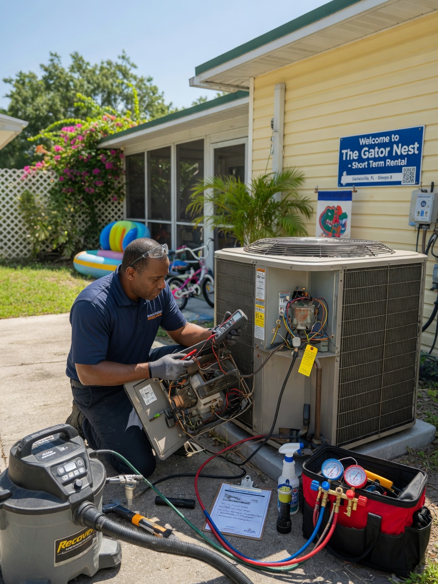 Ultra-detailed 8K photograph of maintenance technician repairing an air conditioning unit at a Gainesville short-term rental property on a sunny day, professional service scene