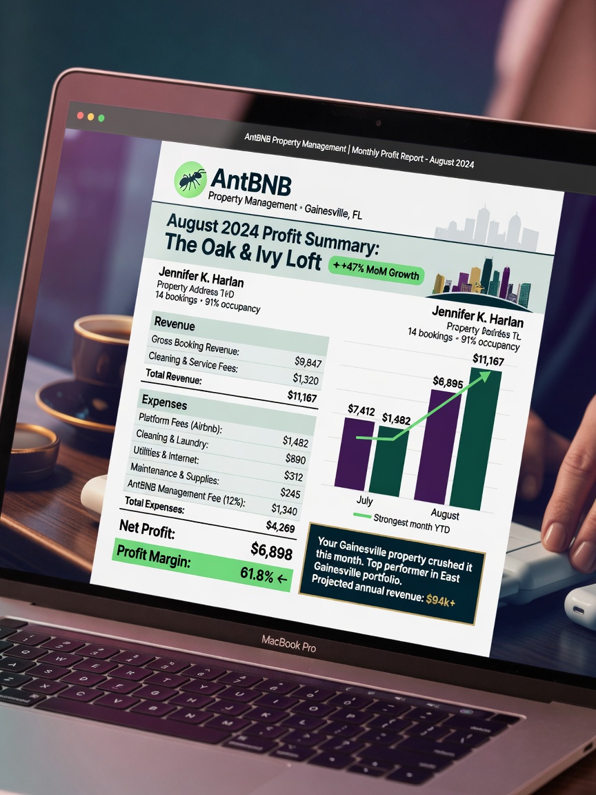Monthly profit report from AntBNB property management showing strong revenue numbers for Gainesville Airbnb owner, laptop screen close-up, realistic financial document style