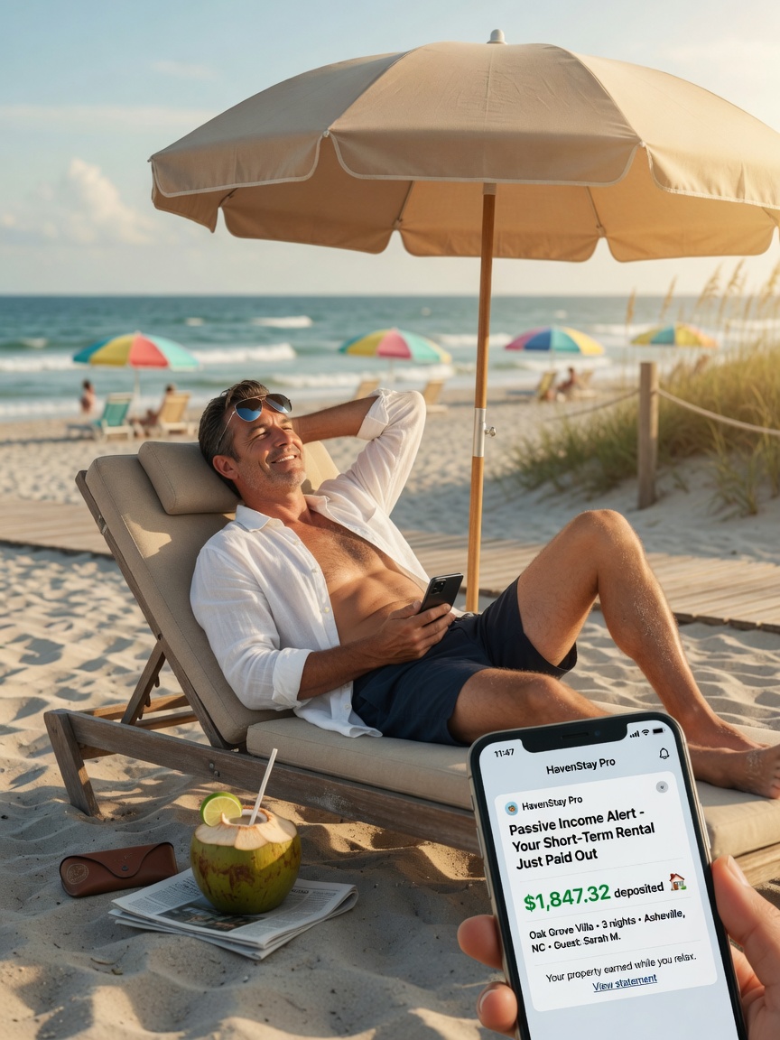 Owner relaxing on beach while receiving passive income notification from short term rental property management service, lifestyle ultra realistic image