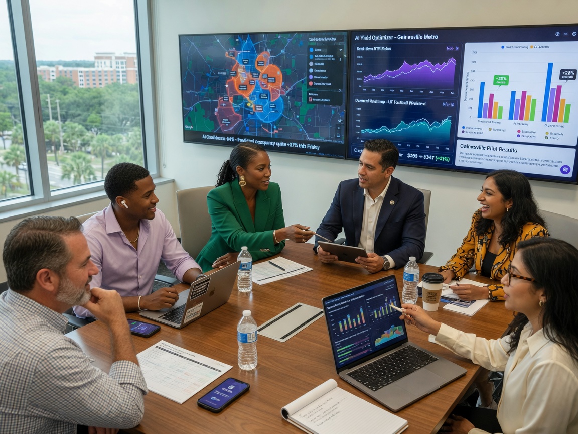 Diverse group of Gainesville property investors discussing AI dynamic pricing strategies around conference table with large digital displays, professional setting, natural lighting, photorealistic 8K
