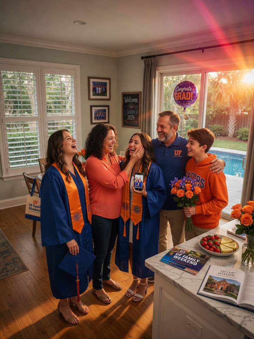 University of Florida student family visiting parents at beautifully maintained Gainesville vacation rental during graduation weekend, joyful family moment, natural light