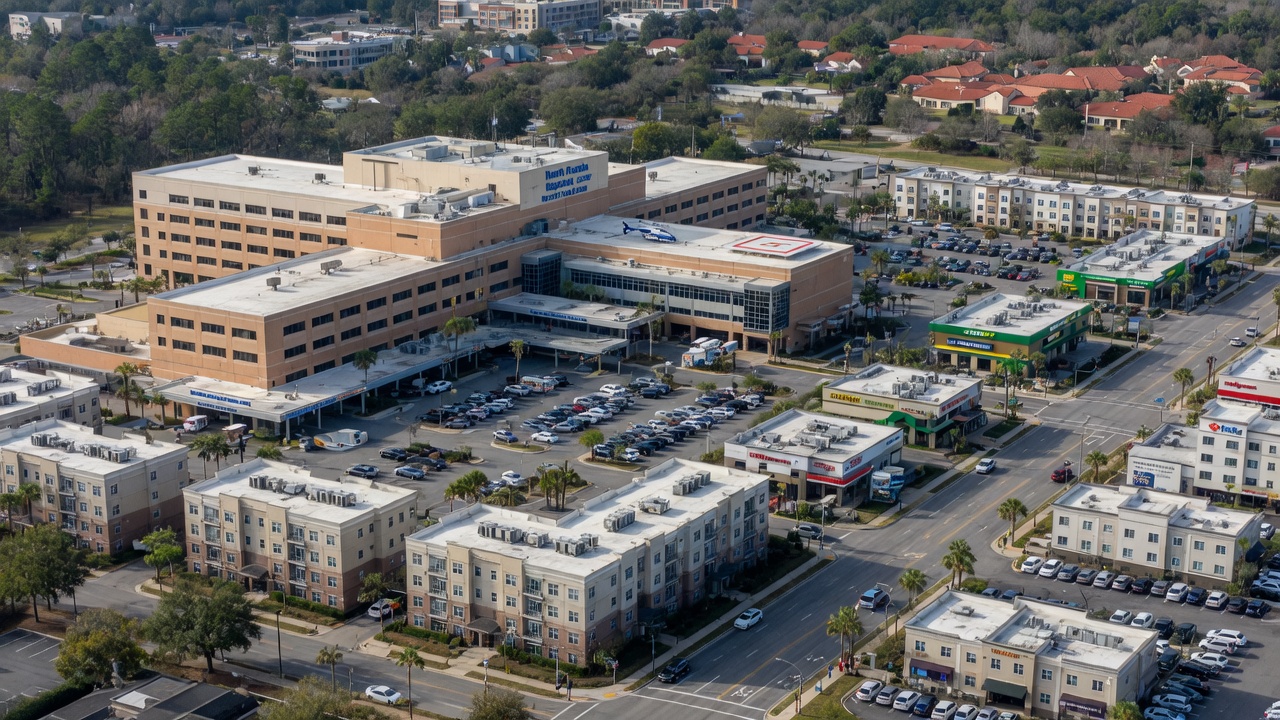 Ultra-realistic 8K aerial photograph of North Florida Regional Medical Center and surrounding business district in Gainesville where many short-term rental guests work, clear daytime lighting