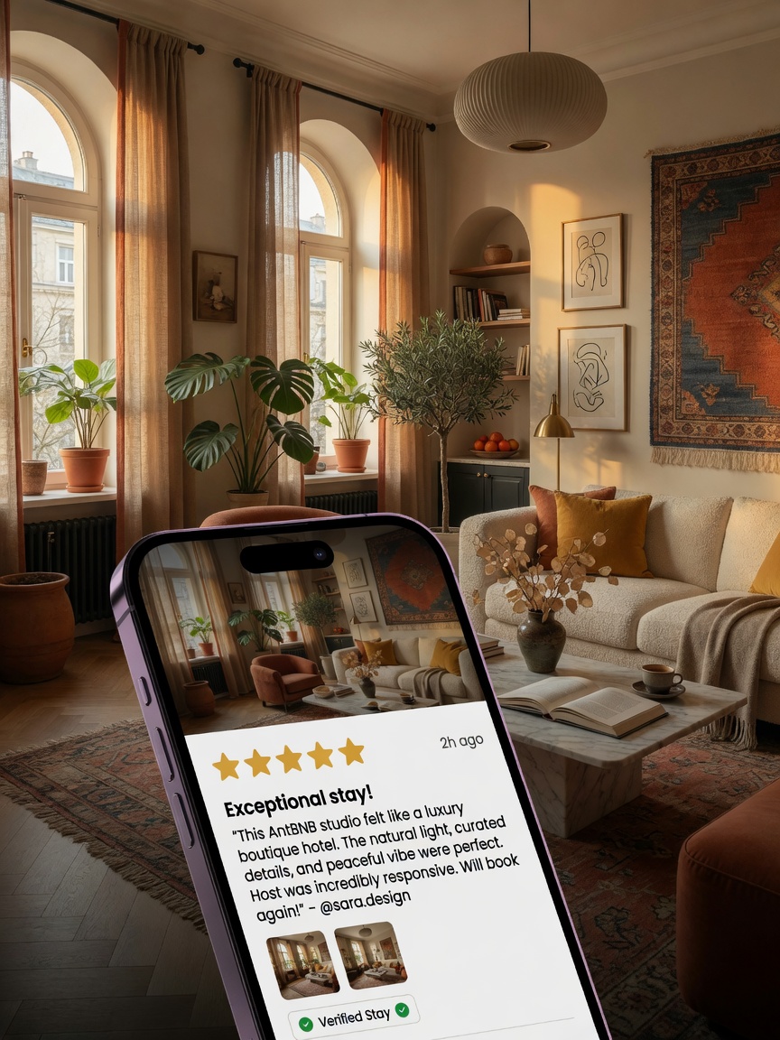 Ultra-detailed 8K image of 5-star review on phone screen with beautiful interior photo of AntBNB short term rental property in background