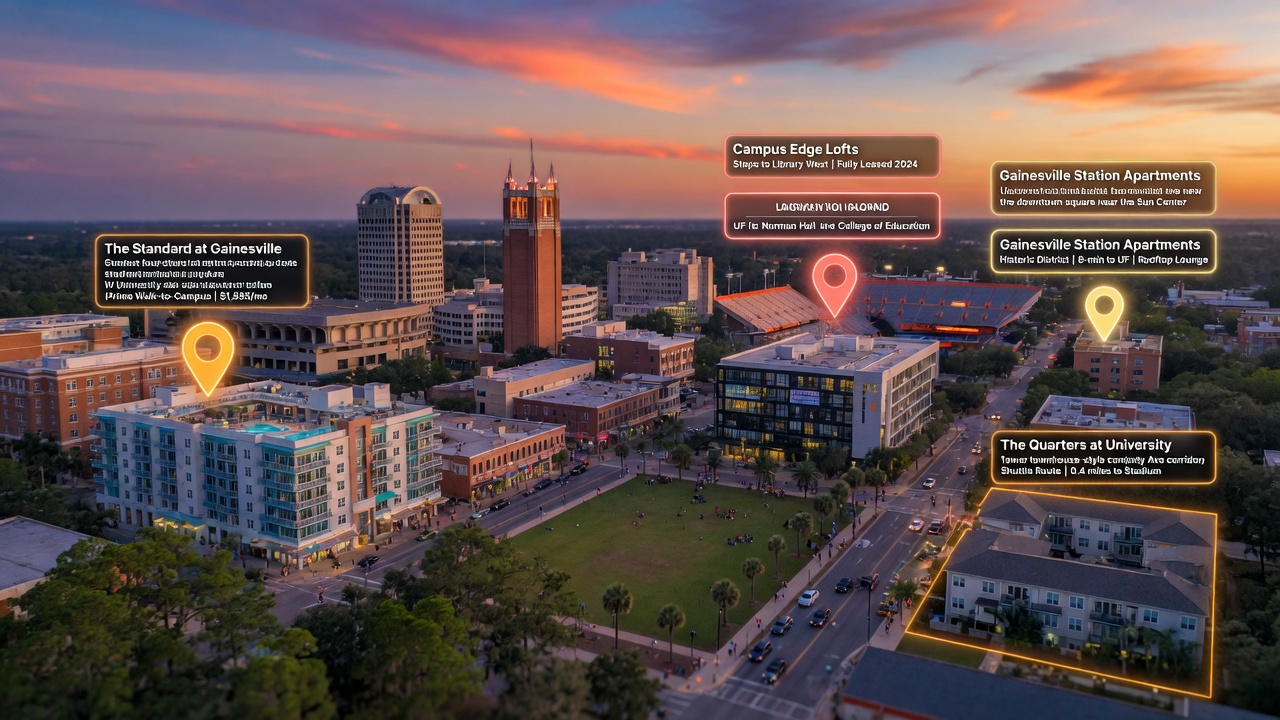 Ultra-realistic 8K aerial drone shot at sunset of downtown Gainesville and University of Florida campus area with highlighted rental properties in prime locations