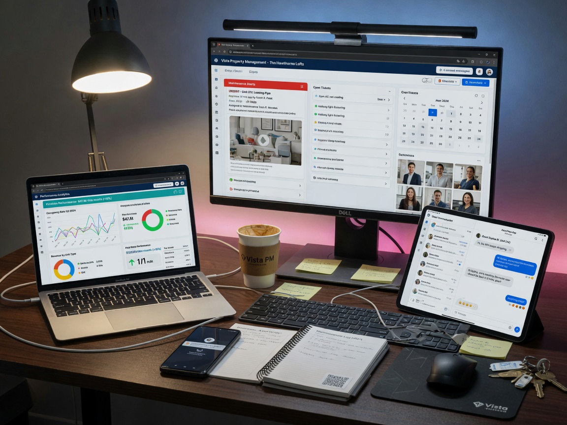 Ultra-realistic 8K image of multiple digital devices displaying property management software, maintenance alerts, guest communication, and performance analytics on a desk