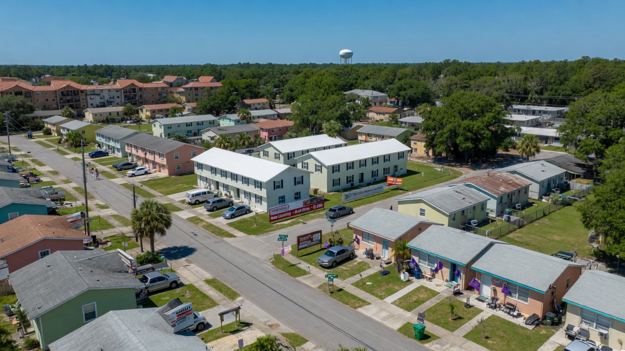 Aerial drone view of residential neighborhood in Gainesville Florida showing multiple managed rental properties, clear sunny day, real estate perspective