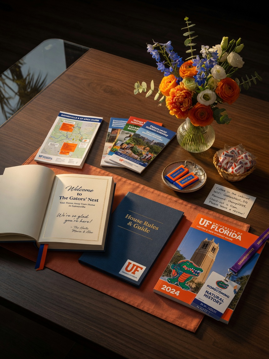 Warm and inviting 8K image of a welcome book and house rules guide displayed on a table in a short-term rental with fresh flowers, local information, and University of Florida guidebook