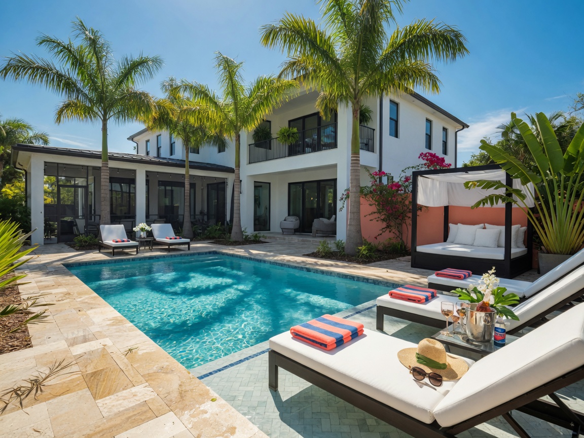 Luxury pool area of upscale Gainesville Florida short-term rental home on a perfect sunny day, inviting lounge chairs, clear blue water, palm trees, real estate photography