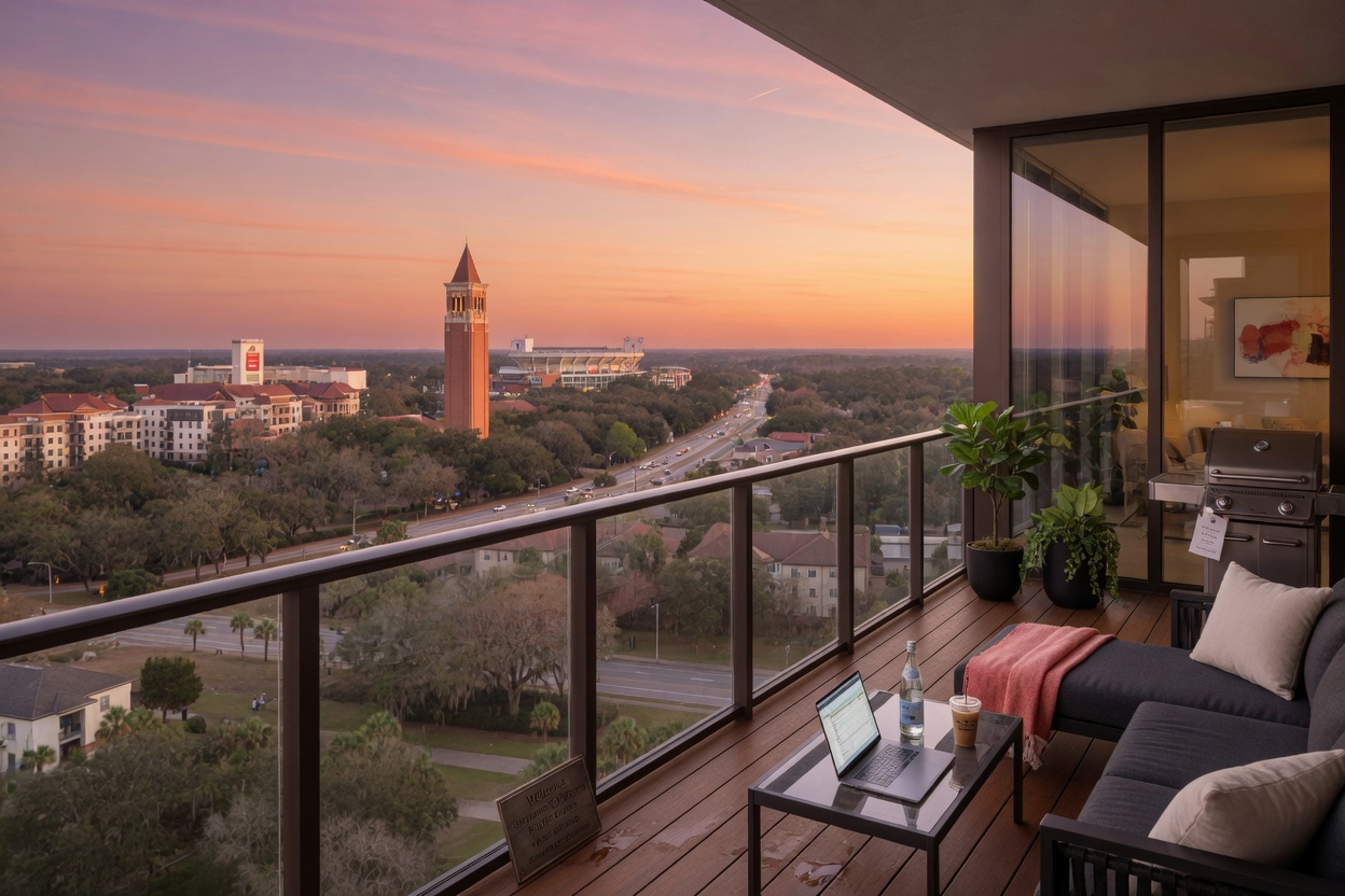 Luxury condo balcony overlooking Gainesville Florida landscape at sunset, perfect for short term corporate and leisure travelers, 8K resolution