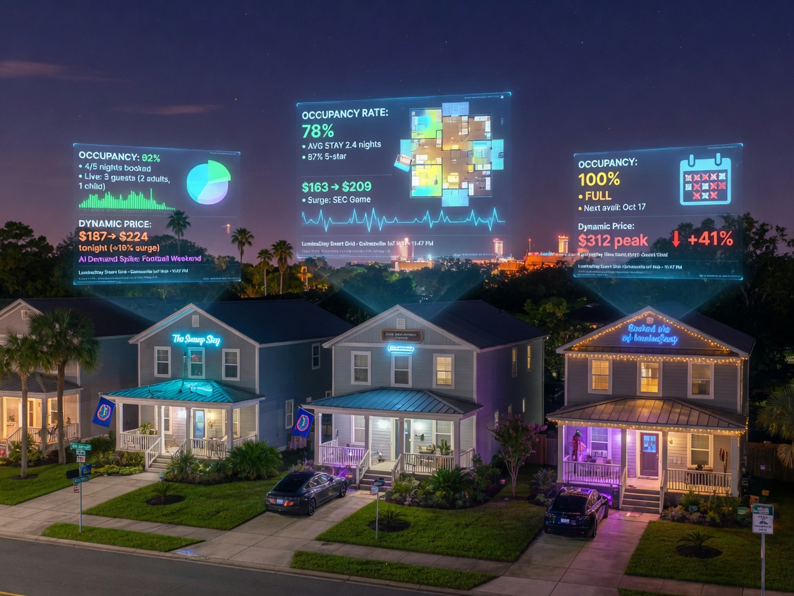 Night view of illuminated short-term rental homes in Gainesville with holographic data displays showing occupancy rates and dynamic prices, futuristic smart city concept, highly detailed 8K