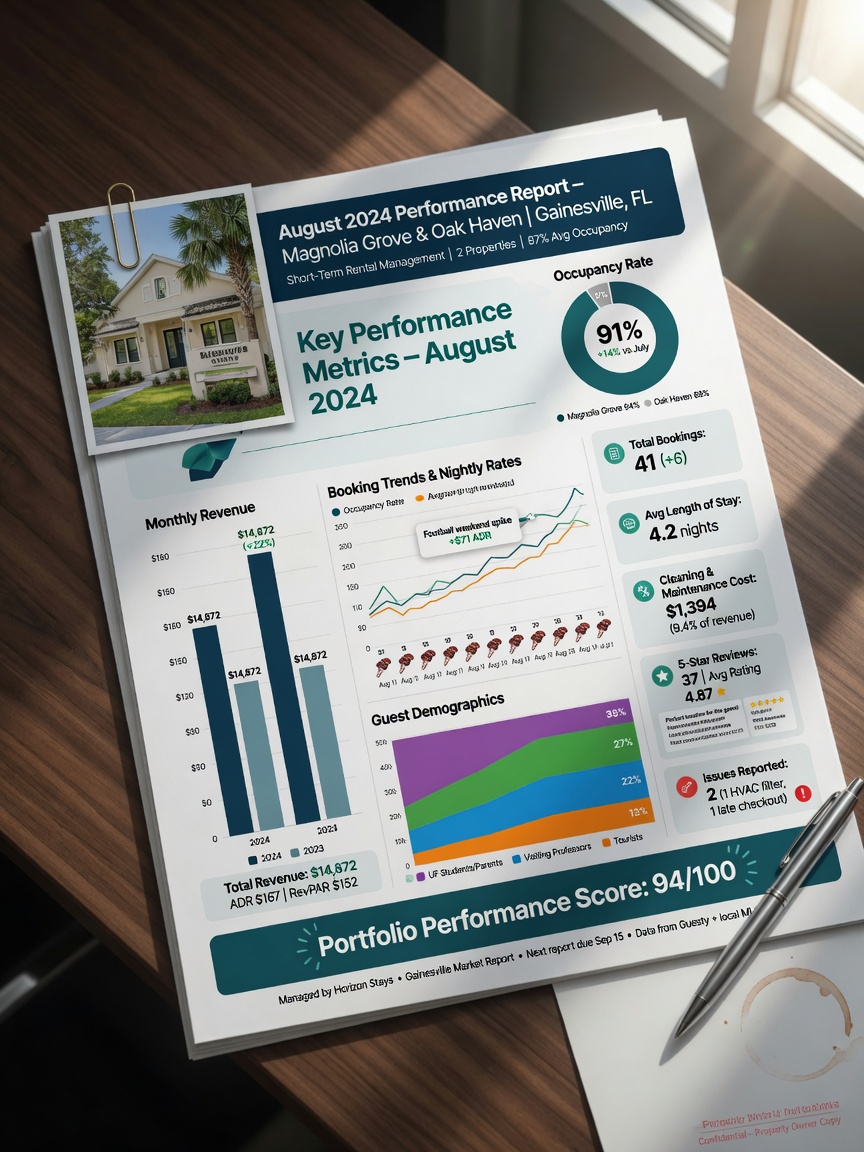 Comprehensive monthly property management report with charts, graphs and performance metrics for short term rental in Gainesville, professional document photography, sharp focus