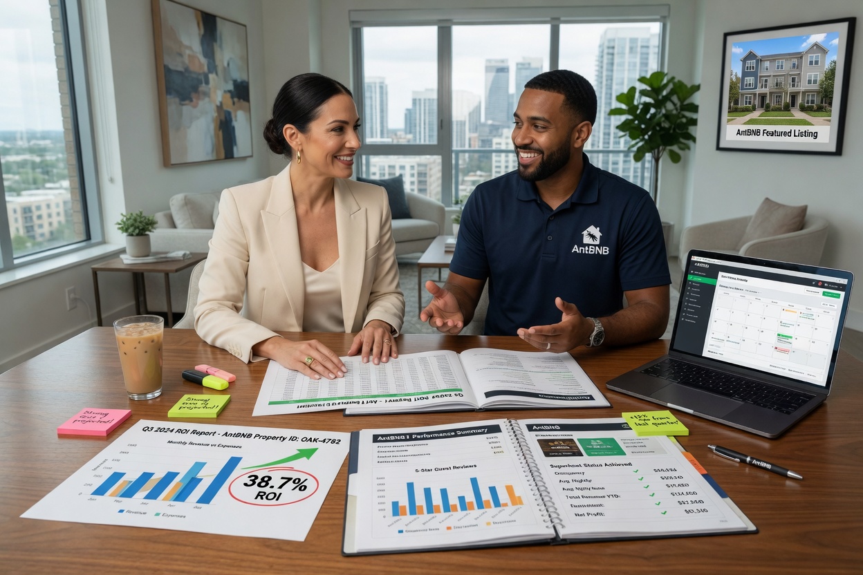 Ultra-realistic 8K image of a confident property owner reviewing financial returns with AntBNB property manager at a table with documents showing strong ROI, professional and friendly meeting